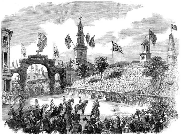 Framed Print : The Prince of Wales in Halifax - the triumphal procession passing the Children's Gallery... 1860. Creator: Unknown Framed Print : The Prince of Wales in Halifax - the triumphal procession passing the Children's Gallery... 1860. Creator: Unknown