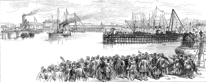 Framed Print : The Prince of Wales at Holyhead: view of the new dock from the clock-tower, 1880. Creator: Unknown Framed Print : The Prince of Wales at Holyhead: view of the new dock from the clock-tower, 1880. Creator: Unknown