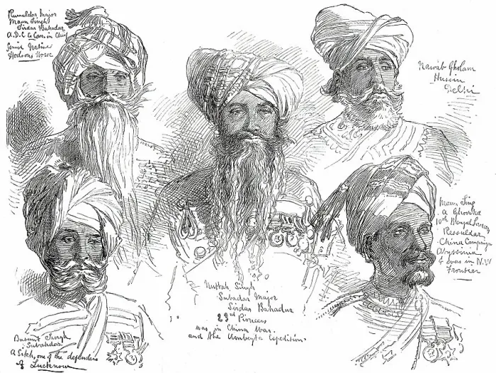 Framed Print : The Prince of Wales in India: native soldiers distinguished for their services, 1876. Creator: William Simpson