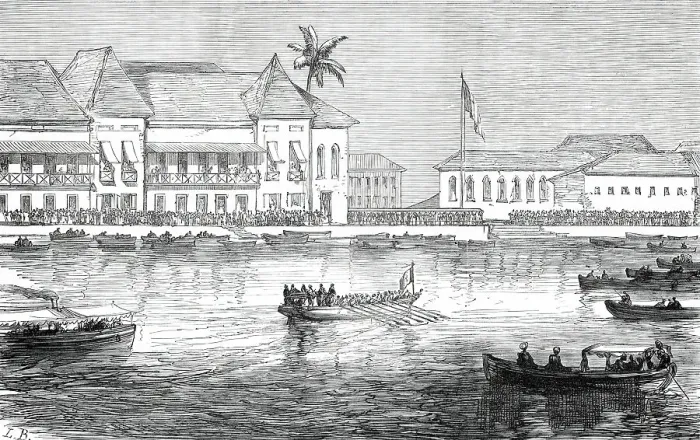 Framed Print : The Prince of Wales landing at the town of New Goa, from a sketch by an officer of the Serapis, 1876 Creator: L.B Framed Print : The Prince of Wales landing at the town of New Goa, from a sketch by an officer of the Serapis, 1876 Creator: L.B