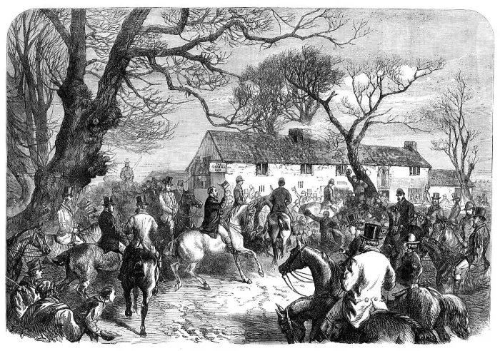 Framed Print : The Prince of Wales at the Meet of the Burton Hounds, Green Man, Lincoln Heath, 1870. Creator: Unknown Framed Print : The Prince of Wales at the Meet of the Burton Hounds, Green Man, Lincoln Heath, 1870. Creator: Unknown