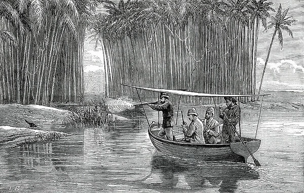 The Prince of Wales shooting otters at Beypore, from a sketch by an officer of the Serapis, 1876. Creator: L.B