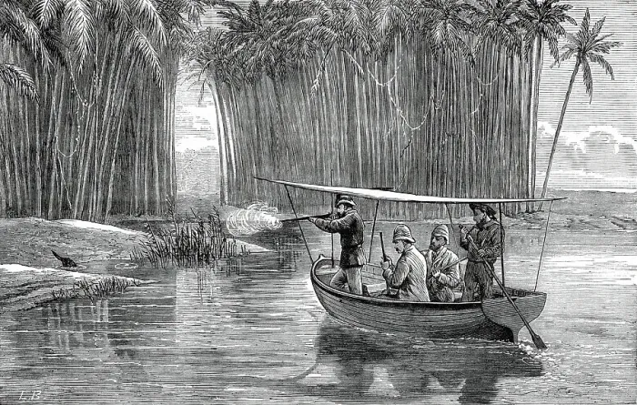 Framed Print : The Prince of Wales shooting otters at Beypore, from a sketch by an officer of the Serapis, 1876. Creator: L.B Framed Print : The Prince of Wales shooting otters at Beypore, from a sketch by an officer of the Serapis, 1876. Creator: L.B