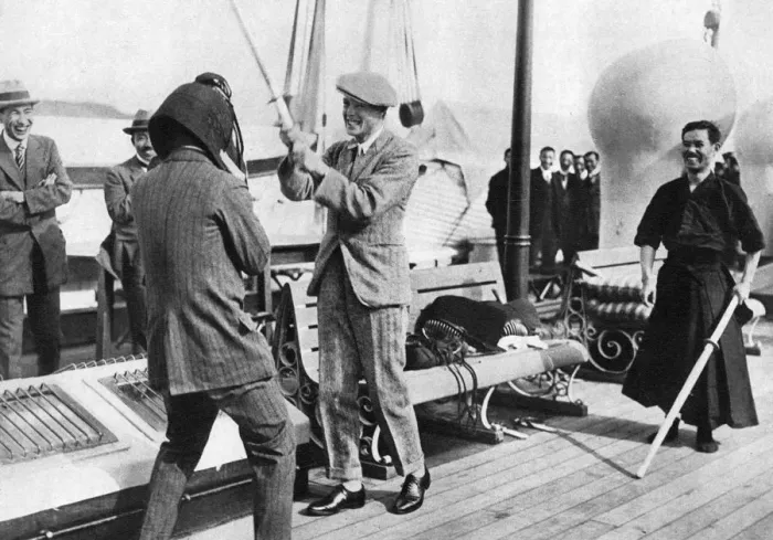 Framed Print : The Prince of Wales testing a Japanese fencing helmet, Japan, 1922