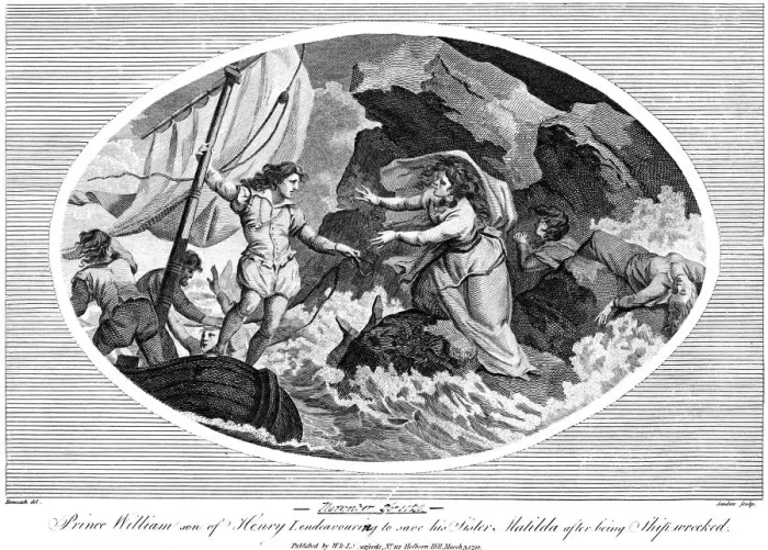 Framed Print : Prince William son of Henry I, endeavouring to save his sister Matilda after bing shipwrecked, 1792 Framed Print : Prince William son of Henry I, endeavouring to save his sister Matilda after bing shipwrecked, 1792