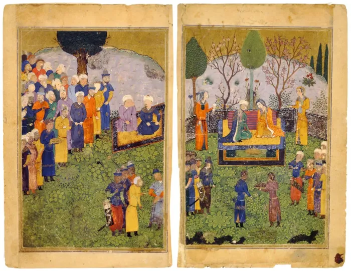 Framed Print : A Princely Couple with Courtiers in a Garden. From the Shahnama (Book of Kings). Artist: Iranian master Framed Print : A Princely Couple with Courtiers in a Garden. From the Shahnama (Book of Kings). Artist: Iranian master