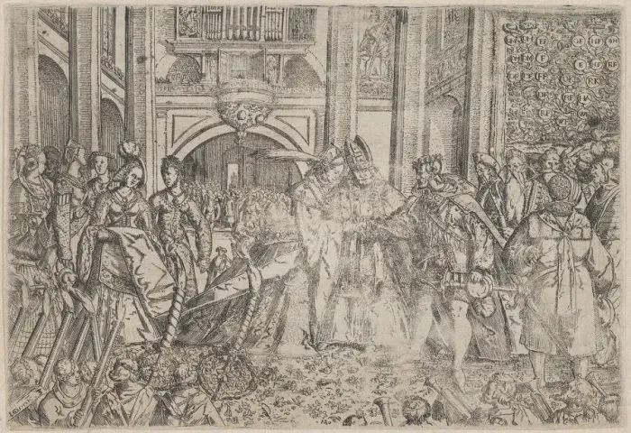 Framed Print : A princely wedding performed by a bishop, late 16th century. late 16th century. Creator: Anon Framed Print : A princely wedding performed by a bishop, late 16th century. late 16th century. Creator: Anon