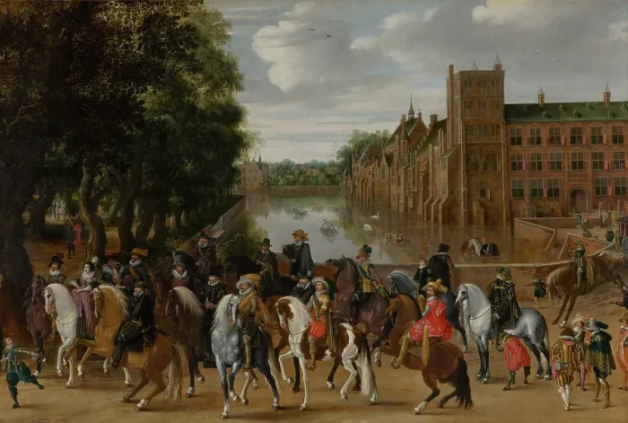 Framed Print : The Princes of Orange and their Families on Horseback, Riding Out from The Buitenhof, The Hague. Creator: Pauwels van Hillegaert I Framed Print : The Princes of Orange and their Families on Horseback, Riding Out from The Buitenhof, The Hague. Creator: Pauwels van Hillegaert I