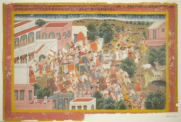Framed Print : Four Princes in Procession Visit a Sage, page from a copy of the Ramayana, 1820 / 40 Framed Print : Four Princes in Procession Visit a Sage, page from a copy of the Ramayana, 1820 / 40