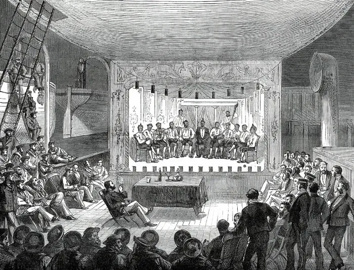 Framed Print : The Prince's Voyage Home from India: life on board the Serapis: an Evening Entertainment...1876. Creator: Unknown Framed Print : The Prince's Voyage Home from India: life on board the Serapis: an Evening Entertainment...1876. Creator: Unknown