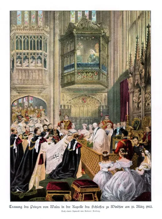 Framed Print : Princess Alexandras and Prince Edwards wedding, St Georges Chapel at Windsor, (10th March 1863), 1Artist: Robert Dudley Framed Print : Princess Alexandras and Prince Edwards wedding, St Georges Chapel at Windsor, (10th March 1863), 1Artist: Robert Dudley