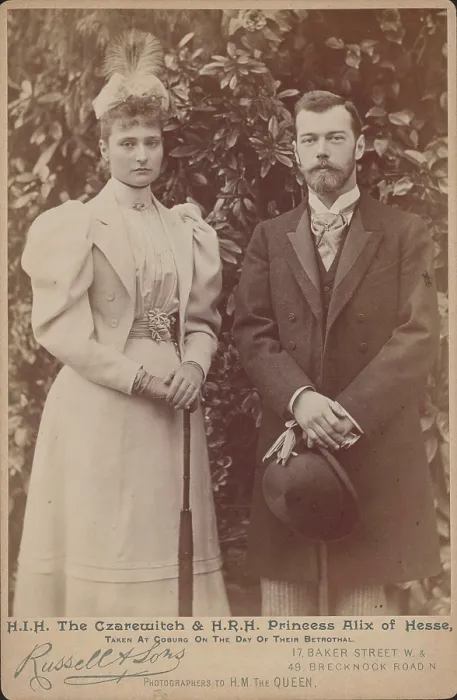 Framed Print : Princess Alix of Hesse and the Tsarevich Nicholas at Coburg on the day of their betrothal, 1894. Creator: Photo studio J. Russell & Sons, London Framed Print : Princess Alix of Hesse and the Tsarevich Nicholas at Coburg on the day of their betrothal, 1894. Creator: Photo studio J. Russell & Sons, London