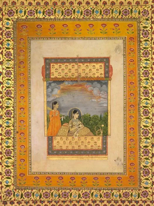 Framed Print : Princess and attendant in trompe l oeil window, c. 1765. Creator: Aqil Khan (Indian Framed Print : Princess and attendant in trompe l oeil window, c. 1765. Creator: Aqil Khan (Indian