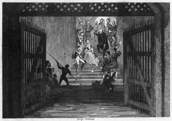 Framed Print : Princess Elizabeth brought as a prisoner to the Tower of London, 1554 (1840). Artist: George Cruikshank Framed Print : Princess Elizabeth brought as a prisoner to the Tower of London, 1554 (1840). Artist: George Cruikshank