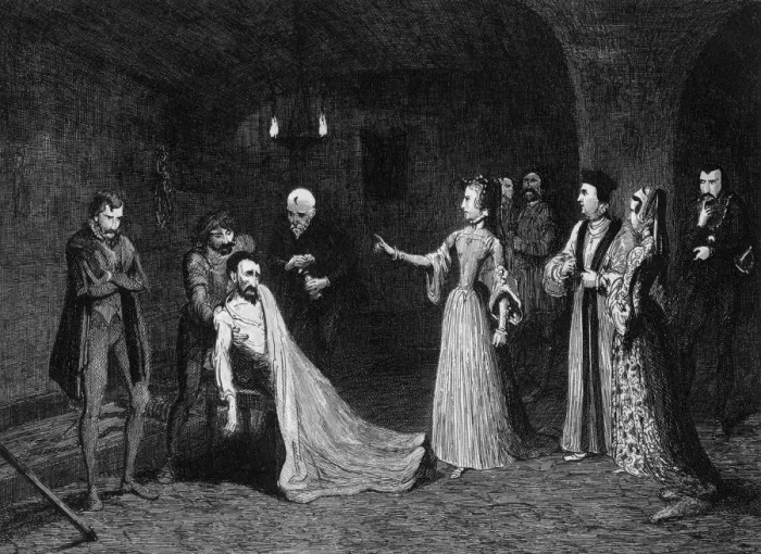 Framed Print : Princess Elizabeth confronted with Sir Thomas Wyatt in the torture chamber, 1554 (1840). Artist: George Cruikshank Framed Print : Princess Elizabeth confronted with Sir Thomas Wyatt in the torture chamber, 1554 (1840). Artist: George Cruikshank