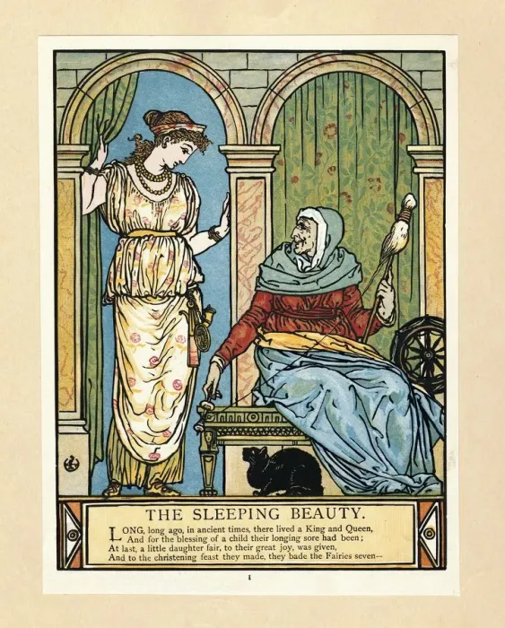 Framed Print : The Princess learns to spin, from The Blue Beard Picture Book, pub. 1879 (colour lithograph), 1879 Framed Print : The Princess learns to spin, from The Blue Beard Picture Book, pub. 1879 (colour lithograph), 1879