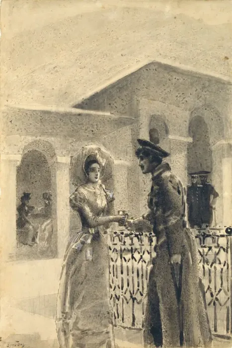 Framed Print : Princess Mary and Grushnitsky. Illustration to the novel A Hero of Our Time by Mikhail Lermontov, 1891. Artist: Vrubel, Mikhail Alexandrovich (1856-1910) Framed Print : Princess Mary and Grushnitsky. Illustration to the novel A Hero of Our Time by Mikhail Lermontov, 1891. Artist: Vrubel, Mikhail Alexandrovich (1856-1910)