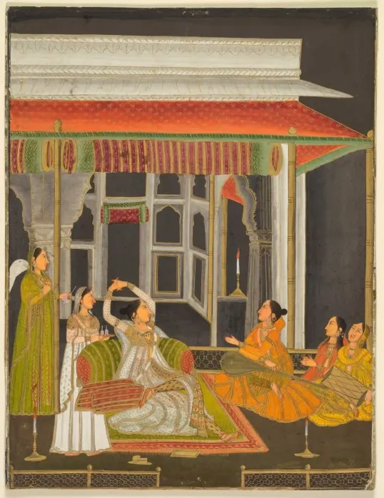 Framed Print : A princess on a terrace with attendants at night (recto); Calligraphy (verso), c. 1760 Framed Print : A princess on a terrace with attendants at night (recto); Calligraphy (verso), c. 1760