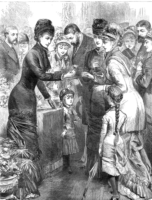 Framed Print : The Princess of Wales selling flowers...Kensington Industrial and Training Girls School, 1880. Creator: Unknown Framed Print : The Princess of Wales selling flowers...Kensington Industrial and Training Girls School, 1880. Creator: Unknown