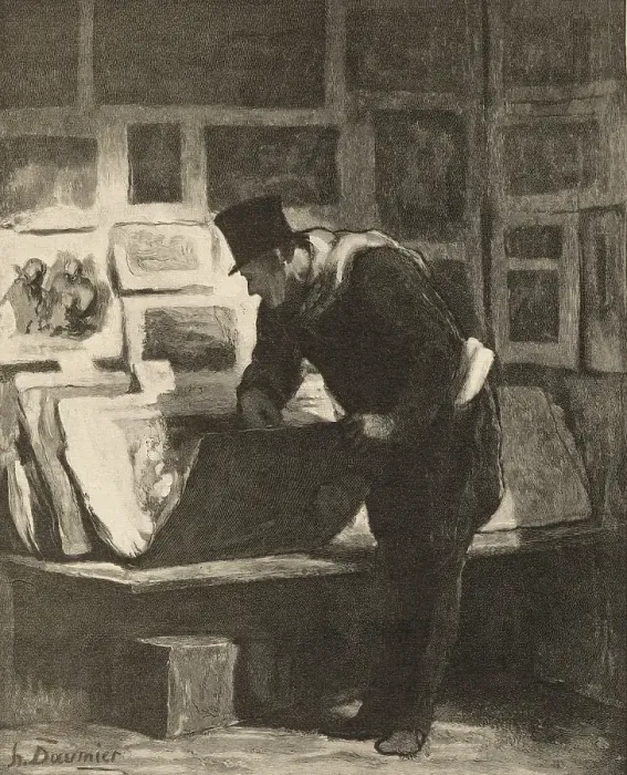 Framed Print : The Print Collector, 19th century. Creator: Alfred Prunaire Framed Print : The Print Collector, 19th century. Creator: Alfred Prunaire