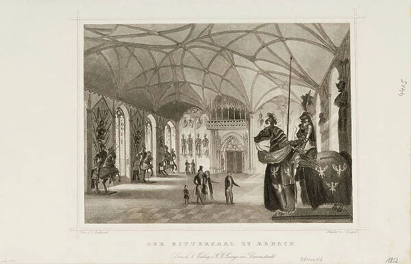 Print of Der Rittersaal zu Erbach (Interior of Gothic Revival armory of Erbach Castle)... ca. 1850. Creator: Ludwig Rohbock