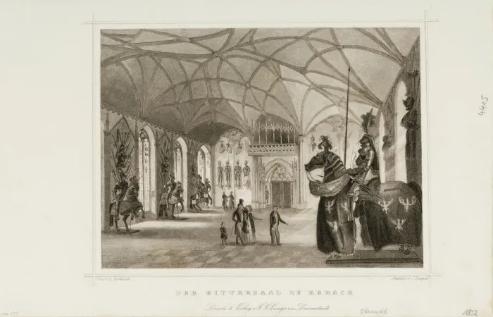 Framed Print : Print of Der Rittersaal zu Erbach (Interior of Gothic Revival armory of Erbach Castle)... ca. 1850. Creator: Ludwig Rohbock Framed Print : Print of Der Rittersaal zu Erbach (Interior of Gothic Revival armory of Erbach Castle)... ca. 1850. Creator: Ludwig Rohbock