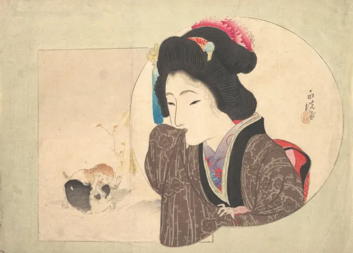 Framed Print : Print [woman and puppies], early-mid 19th century. Creator: Ikeda Eisen