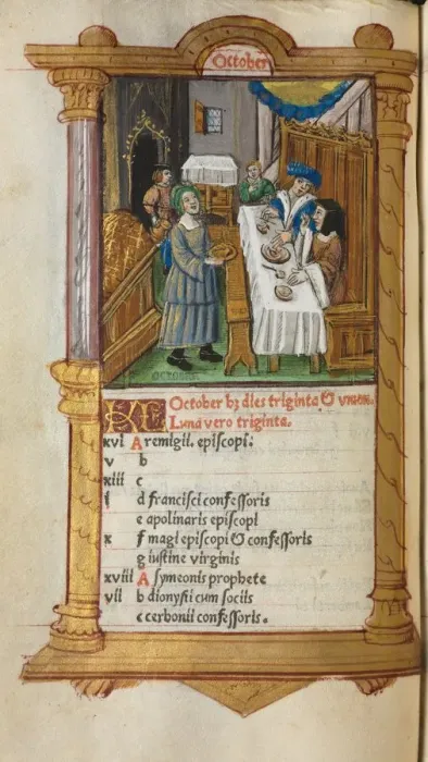 Framed Print : Printed Book of Hours (Use of Rome): fol. 11v, October calendar page, 1510. Creator Framed Print : Printed Book of Hours (Use of Rome): fol. 11v, October calendar page, 1510. Creator