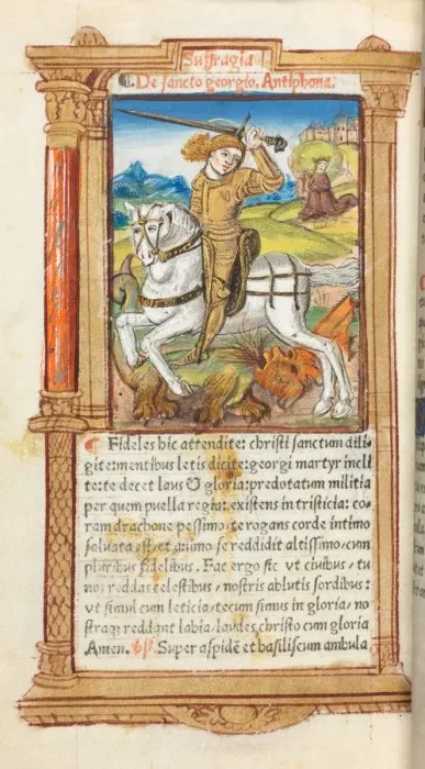 Framed Print : Printed Book of Hours (Use of Rome): fol. 103v, St. George Slaying the Dragon, 1510 Framed Print : Printed Book of Hours (Use of Rome): fol. 103v, St. George Slaying the Dragon, 1510