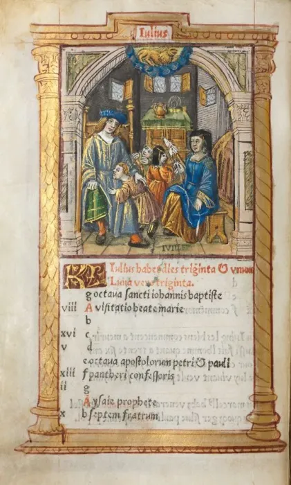 Framed Print : Printed Book of Hours (Use of Rome): fol. 8v, July calendar illustration, 1510. Creator Framed Print : Printed Book of Hours (Use of Rome): fol. 8v, July calendar illustration, 1510. Creator