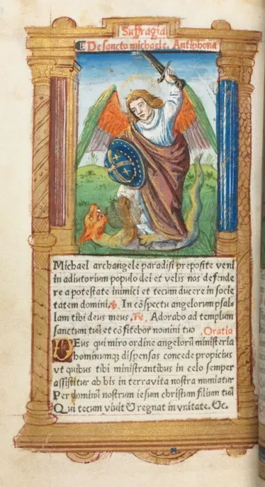 Framed Print : Printed Book of Hours (Use of Rome): fol. 97v, St. Michael the Archangel, 1510. Creator Framed Print : Printed Book of Hours (Use of Rome): fol. 97v, St. Michael the Archangel, 1510. Creator