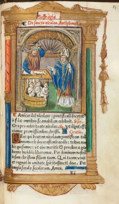 Framed Print : Printed Book of Hours (Use of Rome): fol. 105r, St. Nicholas, 1510. Creator: Guillaume Le Rouge