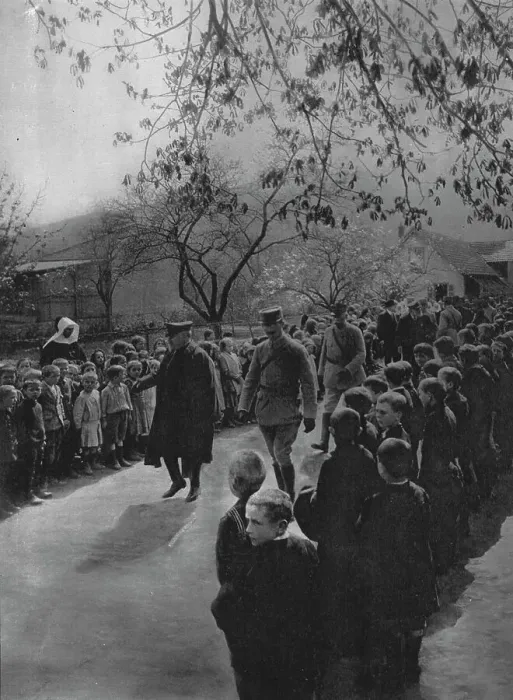 Framed Print : Printemps d'Alsace; les ecoliers d'un village ranges sur le passage du President de la.... 1916. Creator: Unknown Framed Print : Printemps d'Alsace; les ecoliers d'un village ranges sur le passage du President de la.... 1916. Creator: Unknown