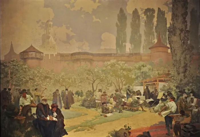 Framed Print : The Printing of the Bible of Kralice in Ivancice (The cycle The Slav Epic). Artist: Mucha, Alfons Marie (1860-1939) Framed Print : The Printing of the Bible of Kralice in Ivancice (The cycle The Slav Epic). Artist: Mucha, Alfons Marie (1860-1939)