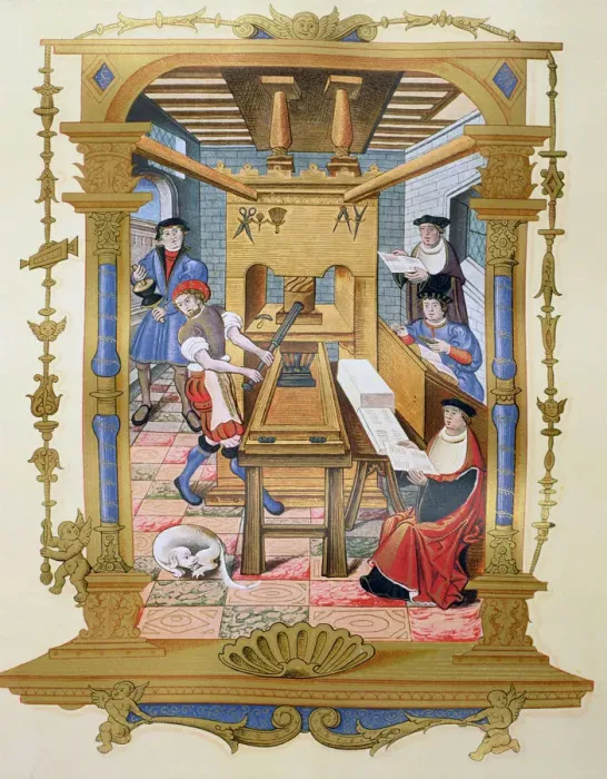 Framed Print : Printing in a miniature in Recueils des Chants Royaux 15th century Framed Print : Printing in a miniature in Recueils des Chants Royaux 15th century