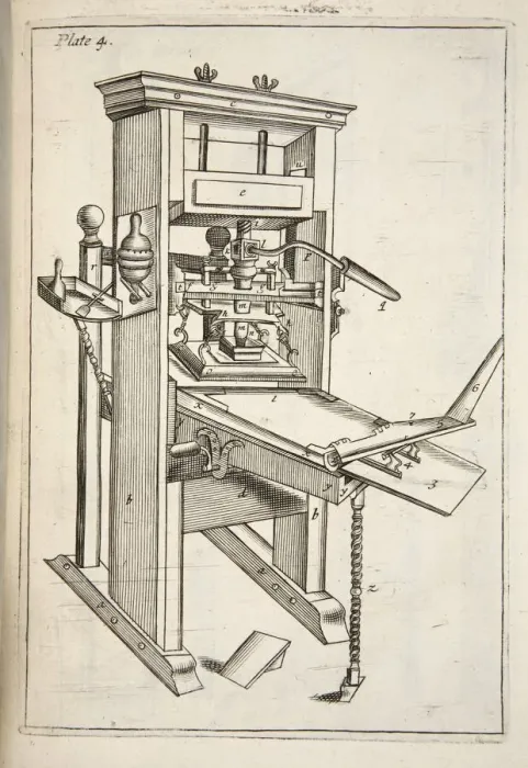 Framed Print : The Printing Press, pub. 1683 (engraving). Creator: English School (17th Century)