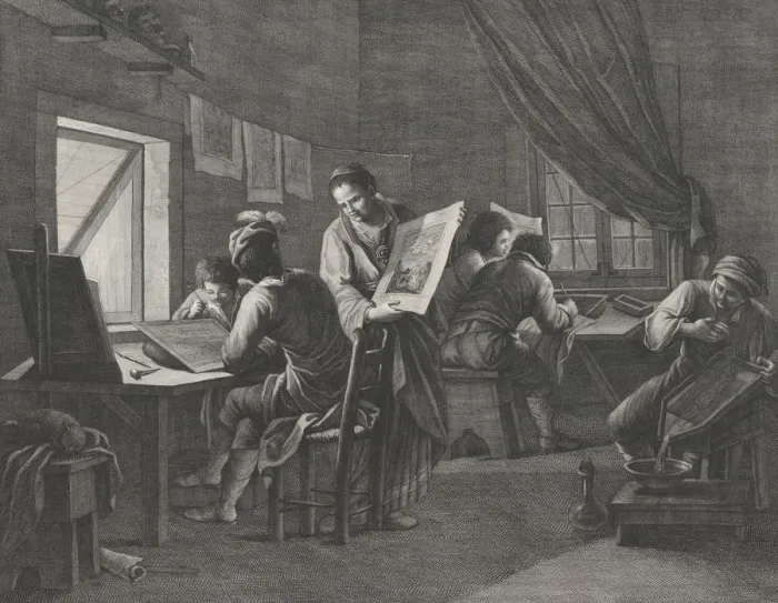 Framed Print : The Printmaking Workshop, 1750-1800. 1750-1800. Creator: Pellegrino dal Colle Framed Print : The Printmaking Workshop, 1750-1800. 1750-1800. Creator: Pellegrino dal Colle