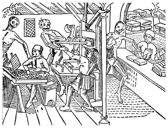 Framed Print : Printworkers harrassed by skeletons, 1499 (1956) Framed Print : Printworkers harrassed by skeletons, 1499 (1956)