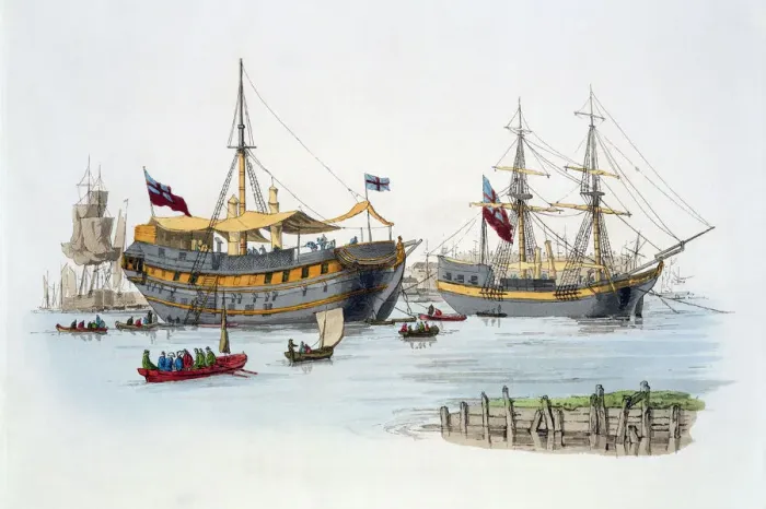 Framed Print : Prison ships, 1805. Artist: William Henry Pyne Framed Print : Prison ships, 1805. Artist: William Henry Pyne