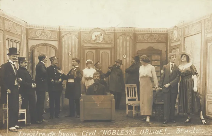 Framed Print : Prisoners of war, some in drag, posing on stage during a crowded scene of 'Noblesse...(1910-1919?). Creator: Unknown Framed Print : Prisoners of war, some in drag, posing on stage during a crowded scene of 'Noblesse...(1910-1919?). Creator: Unknown