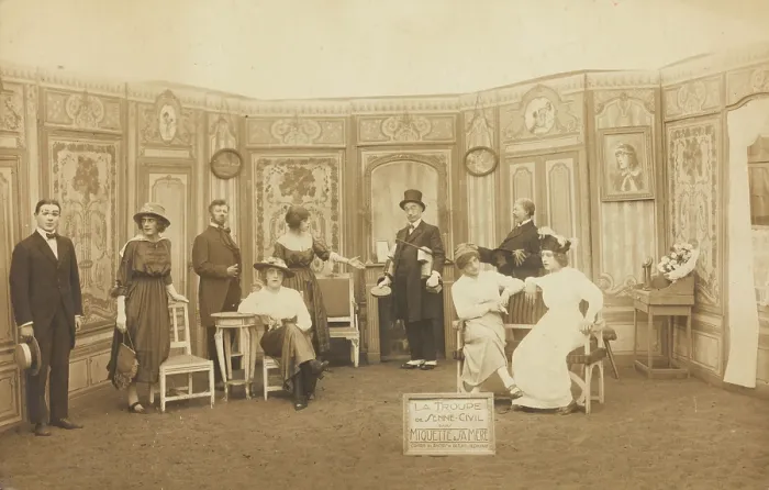 Framed Print : Prisoners of war, some in drag, posing on stage in Miquette et sa mere at... (1910-1919?) Framed Print : Prisoners of war, some in drag, posing on stage in Miquette et sa mere at... (1910-1919?)