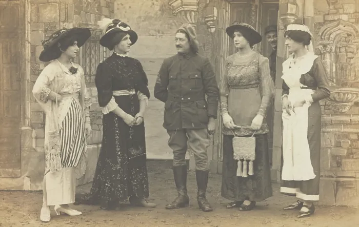 Framed Print : Prisoners of war performing a play at a prisoner of war camp in Cottbus, (between 1910 and 1919?). Creator: Unknown Framed Print : Prisoners of war performing a play at a prisoner of war camp in Cottbus, (between 1910 and 1919?). Creator: Unknown