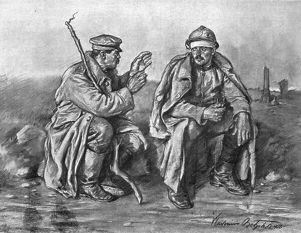 Prisonnier bulgare donnant a un blesse serbe des nouvelles de sa patrie opprimee, 1916. Creator: Vladimir Betzitch