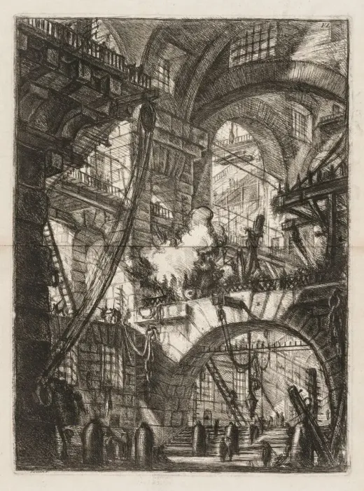 Framed Print : The Prisons: A Perspective of Arches with a Smoking Fire in the Center