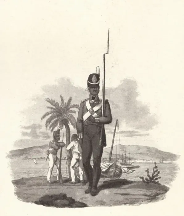 Framed Print : A Private of the 5th West India Regiment, c1812 (1909). Artist: Joseph Constantine Stadler Framed Print : A Private of the 5th West India Regiment, c1812 (1909). Artist: Joseph Constantine Stadler
