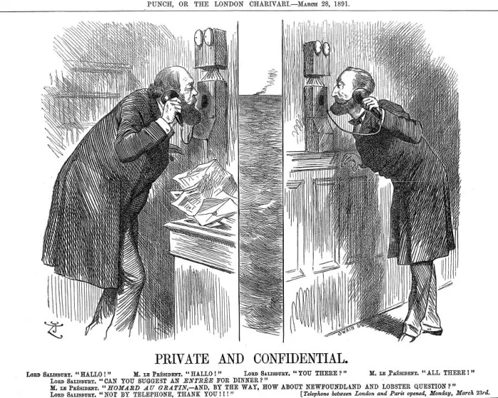 Framed Print : Private and Confidential, opening of the Anglo-French telephone line, 1891. Artist: John Tenniel Framed Print : Private and Confidential, opening of the Anglo-French telephone line, 1891. Artist: John Tenniel