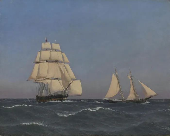 Framed Print : A Privateer Outsailing a Pursuing Frigate, 1845. Creator: CW Eckersberg Framed Print : A Privateer Outsailing a Pursuing Frigate, 1845. Creator: CW Eckersberg