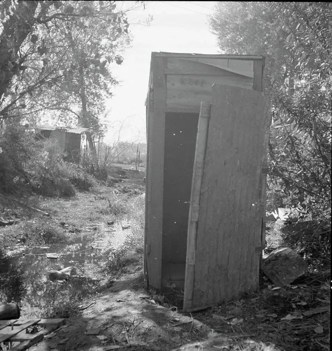 Framed Print : Privy in cotton camp for migratory workers, California, 1936. Creator: Dorothea Lange Framed Print : Privy in cotton camp for migratory workers, California, 1936. Creator: Dorothea Lange