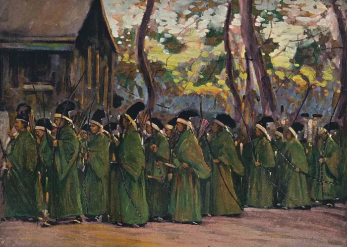 Framed Print : Procession of Archers at Kioto, c1897. Artist: Mortimer L Menpes Framed Print : Procession of Archers at Kioto, c1897. Artist: Mortimer L Menpes