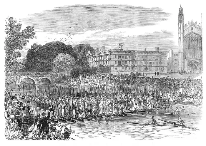 Framed Print : Procession of Boats at Cambridge - Three Cheers for the Cambridge Eight, 1870. Creator: Unknown Framed Print : Procession of Boats at Cambridge - Three Cheers for the Cambridge Eight, 1870. Creator: Unknown